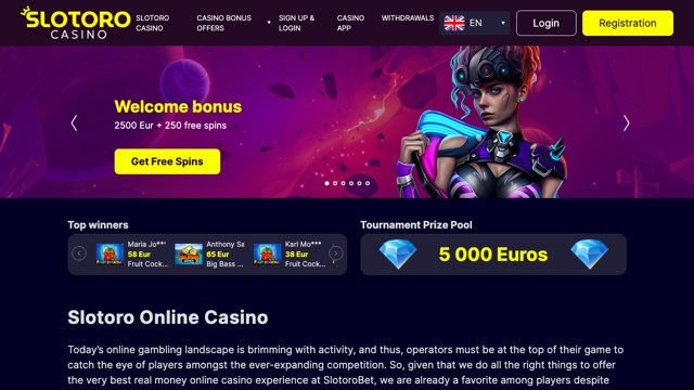 Schermata autentica del portale Slotoro Casino